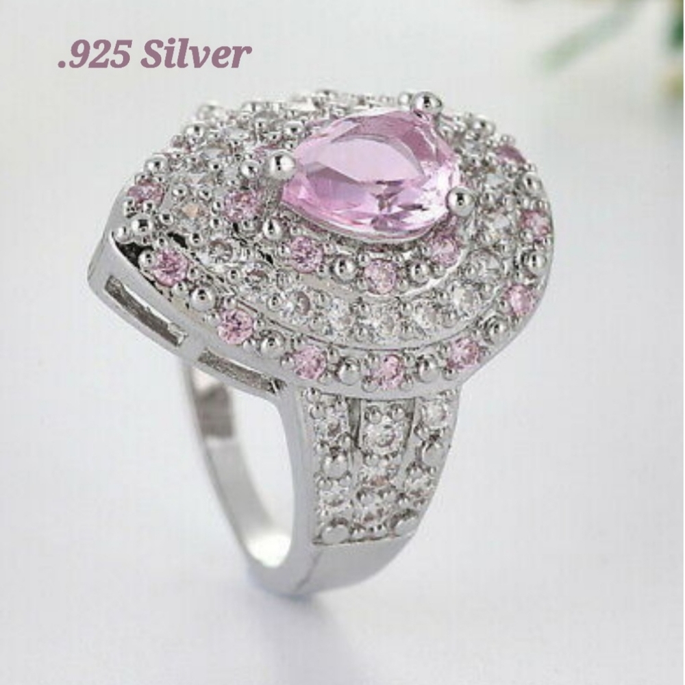 925 SILVER TEARDROP PINK SAPPHIRE ZIRCONIA COCKTAIL RING SIZE 6 NWOY